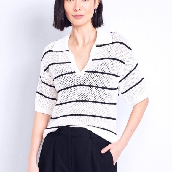 Old Navy Open Stitch Short-Sleeve Black/White Polo Sweater-SMALL-NWT - Picture 1 of 12